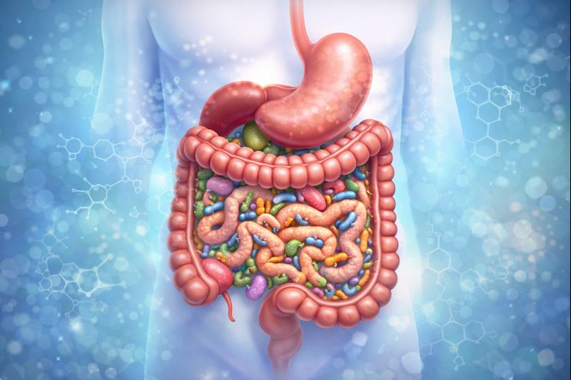 Ilustración del sistema digestivo humano y la microbiota intestinal, clave para la salud digestiva y metabólica