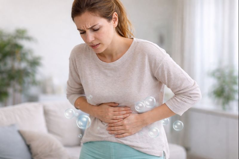 Mujer con hinchazón abdominal y gases intestinales representados visualmente