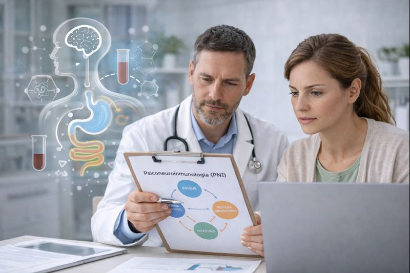 Representación de la psiconeuroinmunología y su relación con la salud digestiva y el eje intestino-cerebro
