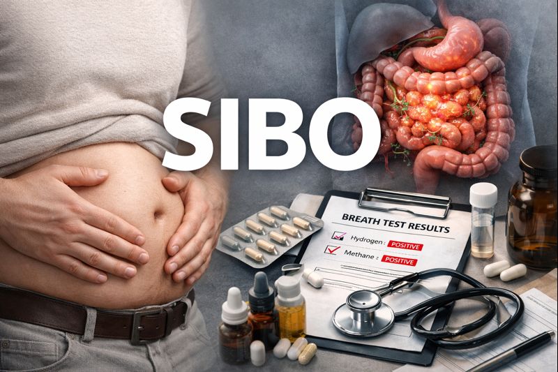 Ilustración del sistema digestivo y la microbiota intestinal relacionada con SIBO y trastornos digestivos