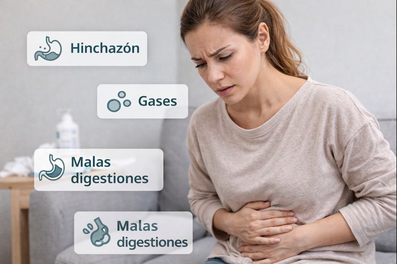 Mujer con hinchazón abdominal y molestias digestivas como gases y malas digestiones