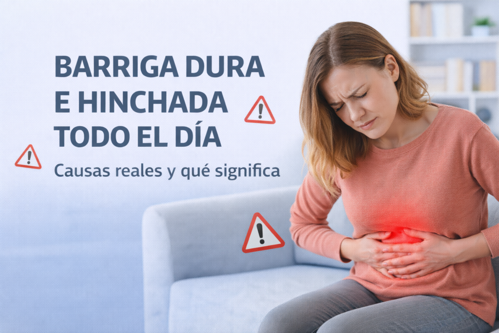 Mujer con barriga dura e hinchada todo el día sentada en un sofá con molestias abdominales