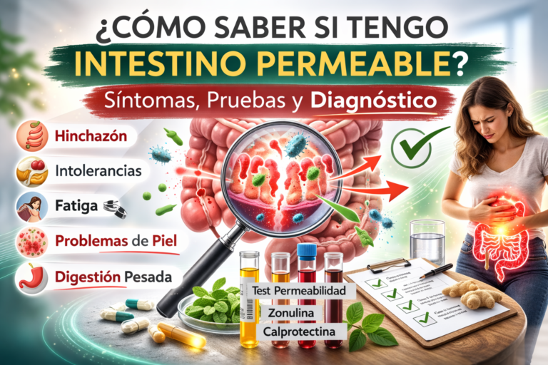 Infografía sobre cómo saber si tengo intestino permeable con síntomas, pruebas diagnósticas y reparación de la barrera intestinal.