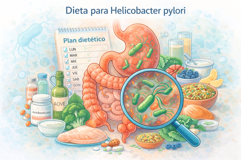 Ilustración médica del estómago con Helicobacter pylori y alimentos recomendados en la dieta para reducir la inflamación gástrica y apoyar el tratamiento.
