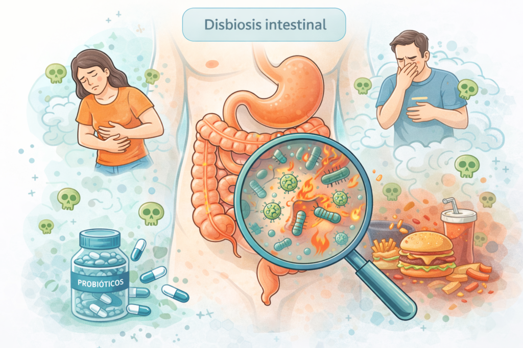 Ilustración del desequilibrio de la microbiota intestinal asociado a la disbiosis intestinal