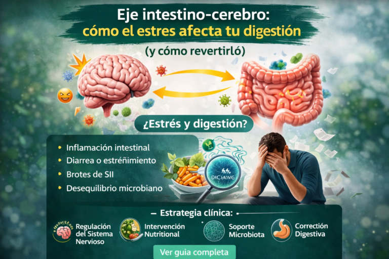 Infografía del eje intestino-cerebro mostrando la conexión entre estrés, cerebro e inflamación intestinal