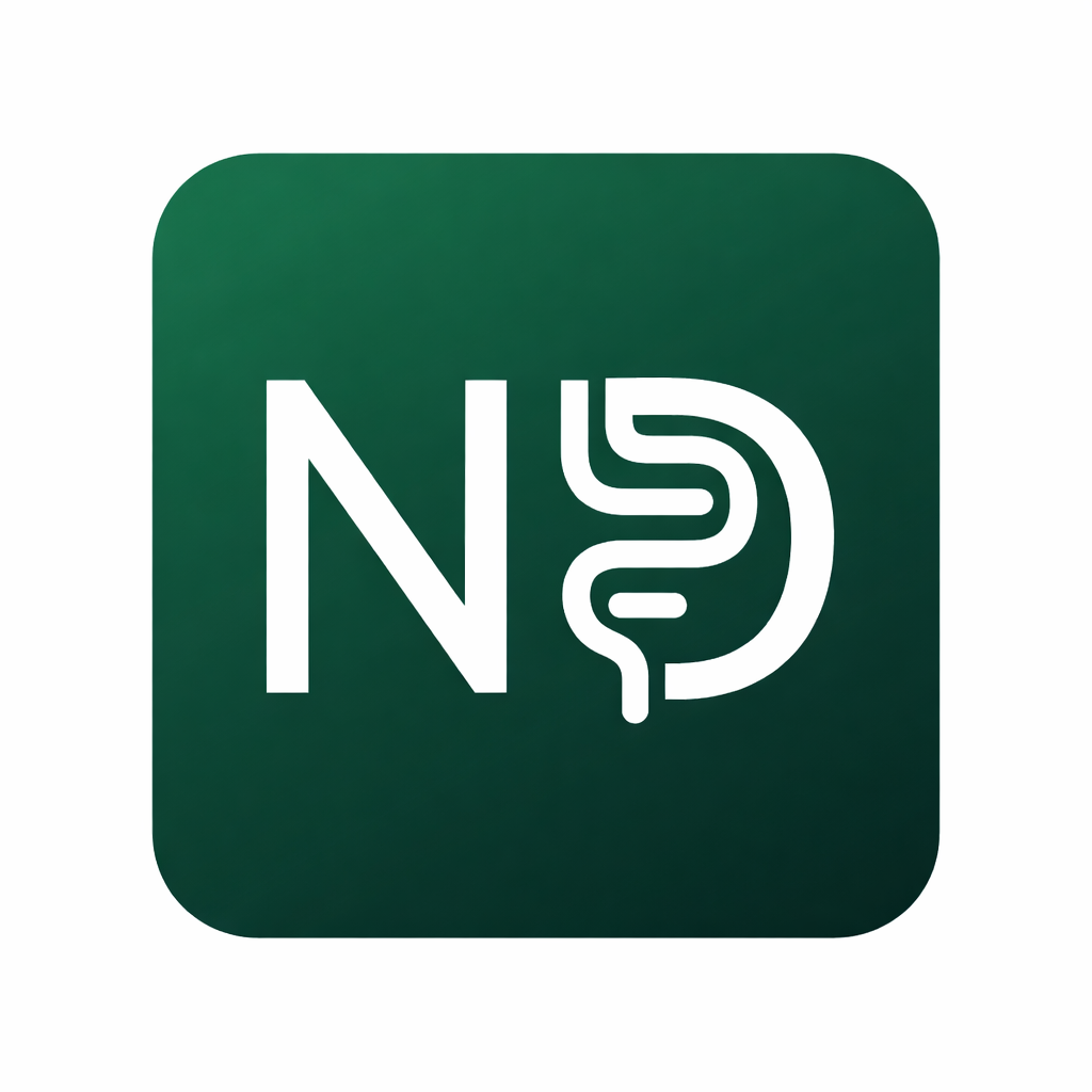 Favicon Nutridigestivo con iniciales ND y diseño de colon en fondo verde degradado