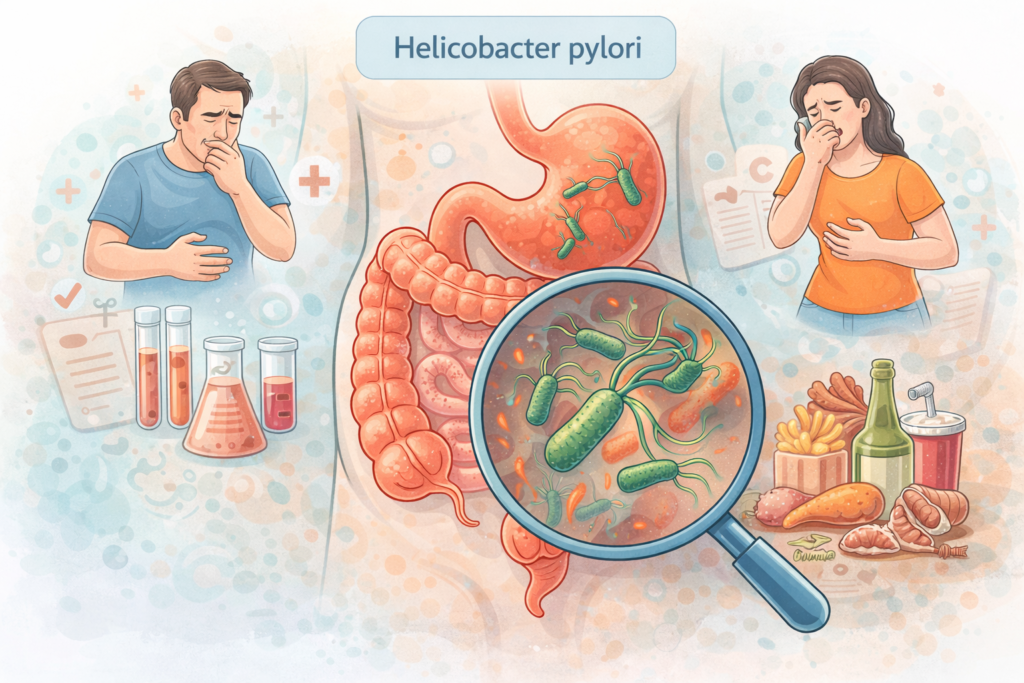 Ilustración médica de Helicobacter pylori en el estómago humano mostrando inflamación gástrica y síntomas digestivos como dolor y náuseas.
