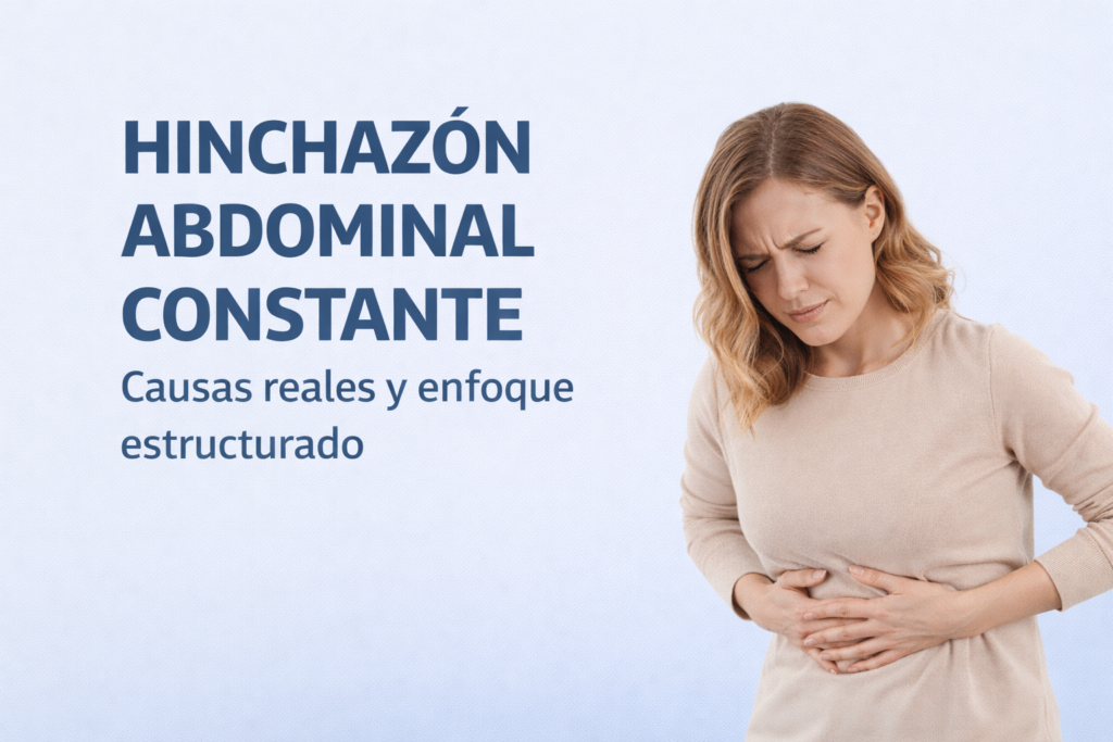 Mujer con molestias por hinchazón abdominal constante explicando causas y solución digestiva estructurada