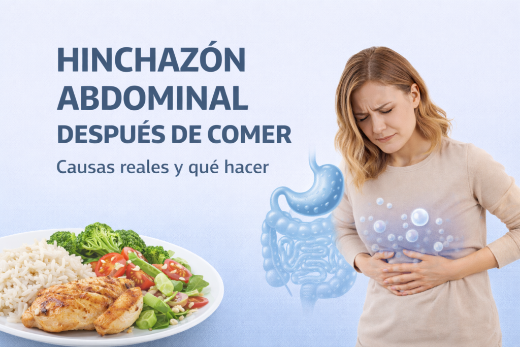 Mujer con hinchazón abdominal después de comer en un entorno doméstico, representando molestias digestivas postprandiales