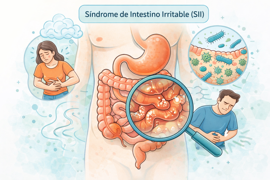 Ilustración del síndrome de intestino irritable con síntomas digestivos como dolor abdominal e hinchazón