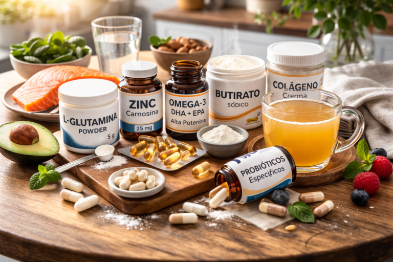 Infografía sobre los mejores suplementos para reparar la mucosa intestinal como L-glutamina, zinc, omega 3, butirato, colágeno y probióticos específicos para intestino permeable