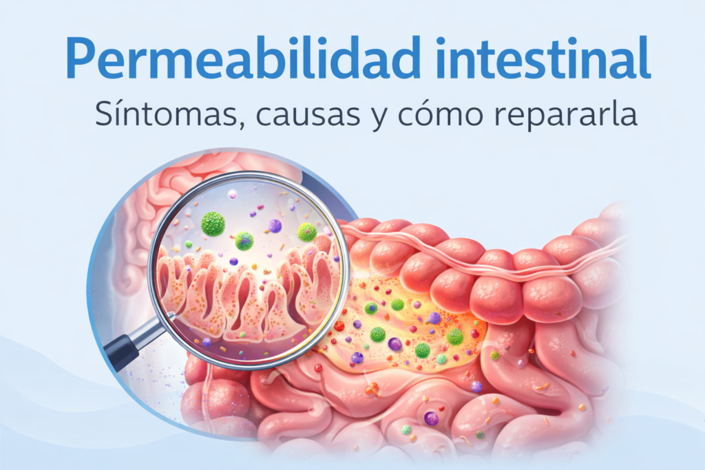 Permeabilidad intestinal con daño en la mucosa y paso de toxinas a través de la barrera intestinal ilustrado con lupa médica.