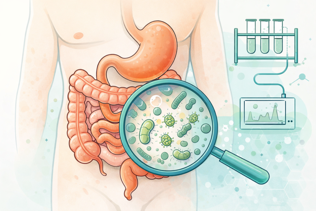Ilustración del sobrecrecimiento bacteriano en el intestino delgado asociado al SIBO